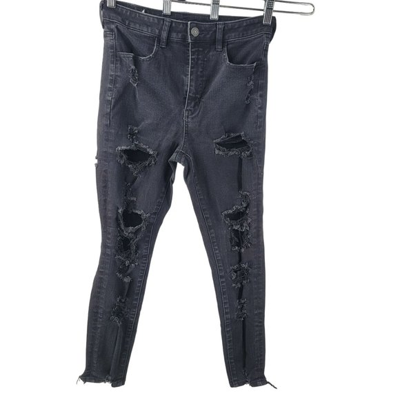 American Eagle Short Dream Jeans Black Ripped Highest Waist Jegging Distressed 6 - Picture 8 of 11